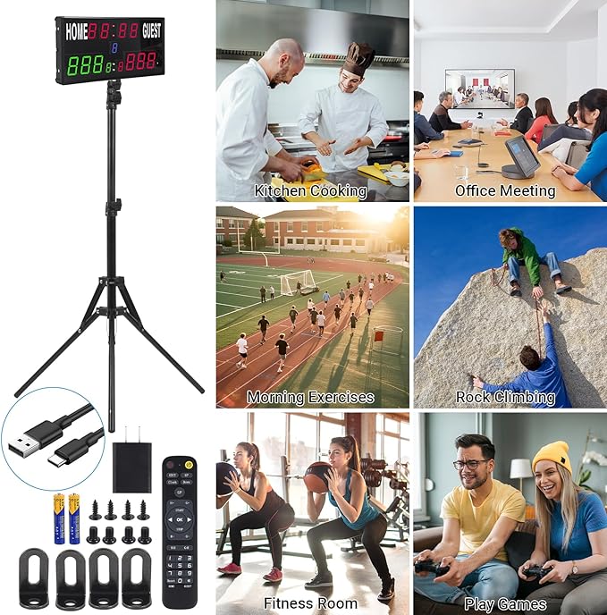 Samshow 2025 LED Electronic Scoreboard Digital Score Keeper with Remote & Tripod, Basketball Scoreboard with Shot Clock & Timer & 12/24h Real Time for Outdoor Yard Games/Corn Hole/ping Pong/Pickleball