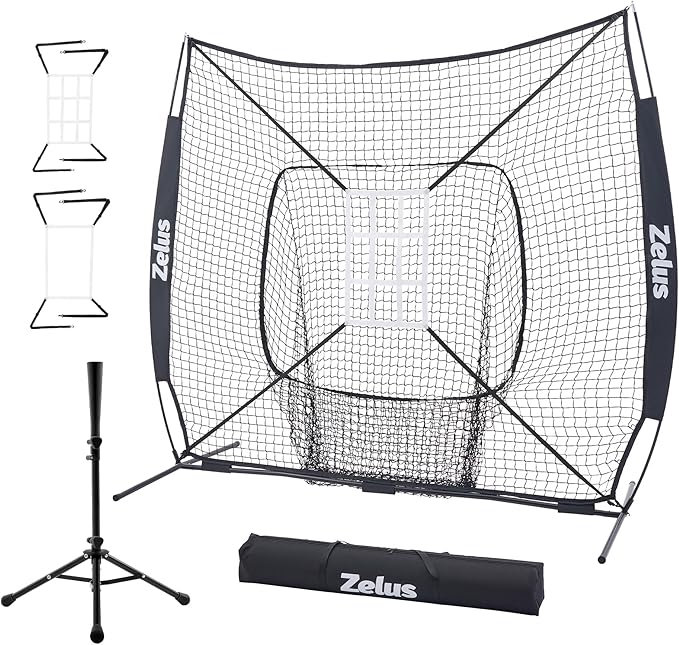 ZELUS 7x7 ft Baseball Softball Practice Net, Hitting and Pitching Net with Adjustable Batting Tee 2 Strike Zone, Portable Baseball Backstop Net with Carry Bag, Great for All Skill Levels