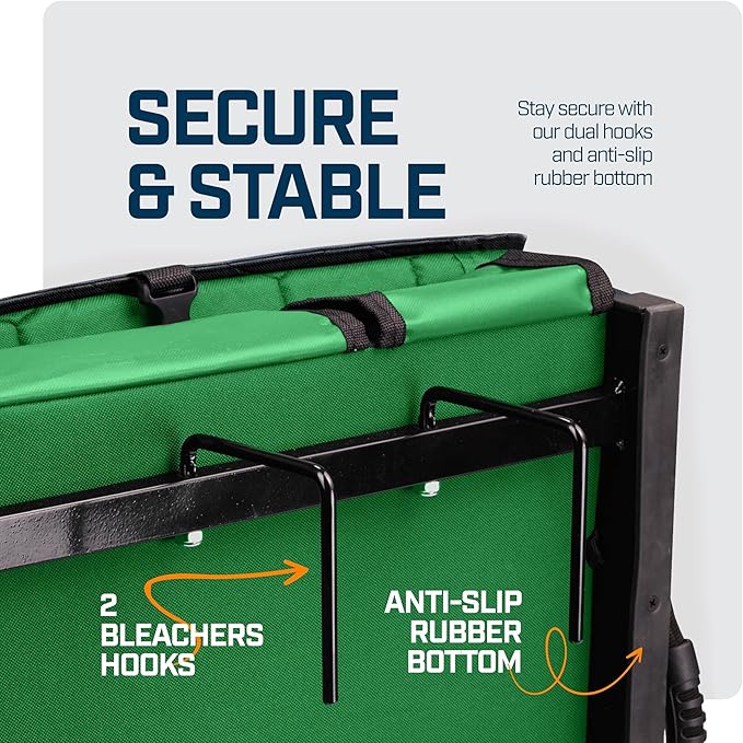 Extra Wide Folding Reclining Stadium Seat with Back Suppot for Bleachers, Bleacher Hooks, Thick Cushion, Cup Holder, Storage Pockets – Portable Chair for Kayak, Canoe, Paddle Board, Concerts, & Sports