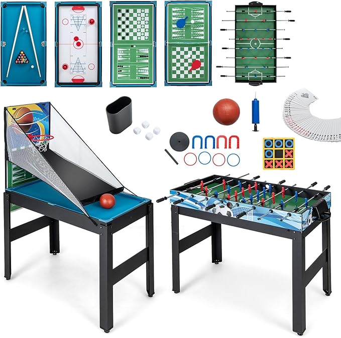 Goplus 14-in-1 Multi Game Table, Combo Game Table w/Foosball, Air Hockey, Pool, Table Tennis, Basketball, Chess, Checkers, Bowling, Shuffleboard, Kids Adults Gifts for Home, Arcade, Game Room