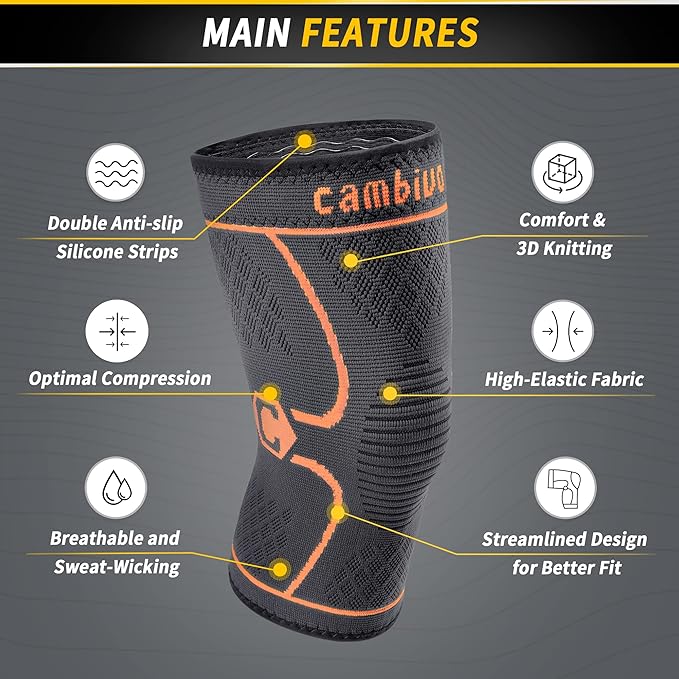 CAMBIVO 2 Pack Knee Brace, Knee Compression Sleeve Support for Men and Women, Knee Pads for Running, Hiking, Meniscus Tear, Arthritis,Joint Pain Relief (Orange,Small)