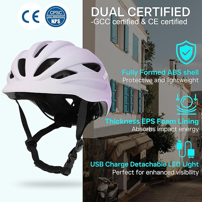Bike Helmet Adult Urban:Bicycle Helmet for Men Women with USB Charge Detachable Taillight Helmets for Commuter Cycling Scooters