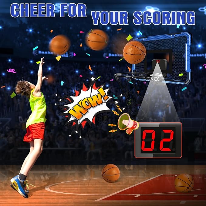 Indoor Mini Basketball Hoop with Electronic Scoreboard - Over The Door Basketball Hoop with 3 Balls, Mini Hoop Door & Wall Office Bedroom Score Basketball Hoop for Kids and Adults