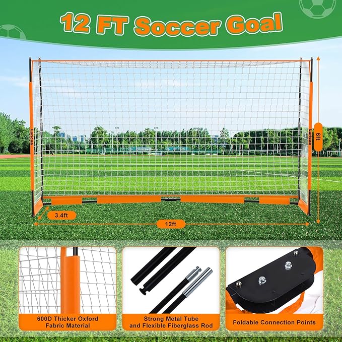 Collapsible Soccer Goal, 12×6 ft /6×4 ft Portable Soccer Goal Net for Backyard, Quick Setup Soccer Goals with 1 Carry Bag, 1 Agility Ladder, 4 Ground Nails,12 Training Cones
