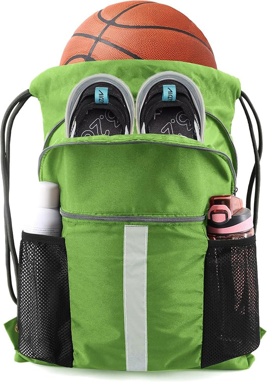 BeeGreen Drawstring Backpack Bag with Shoe Compartment, X-Large Black Gym Sports String Cinch Backpack