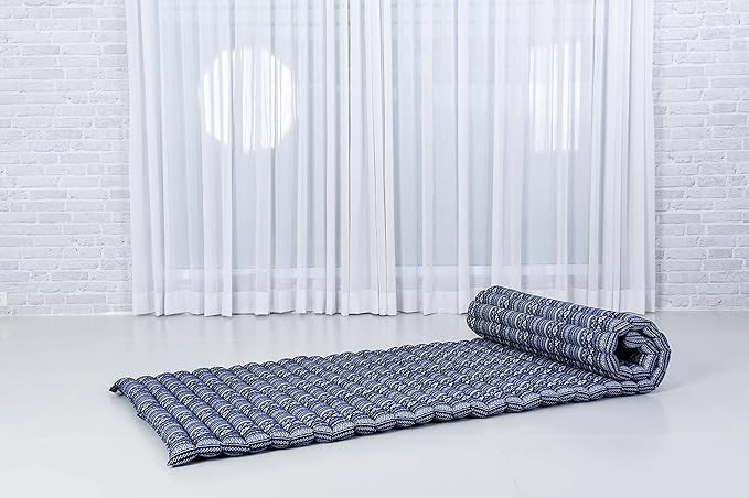 Leewadee - Foldable Floor Mattress - Japanese Roll Up Futon -Trifold Tatami Mat- Guest Floor Bed - Camping Mattress - Thai Massage Mat, Kapok Filled, 75 x 28 inches, Blue White