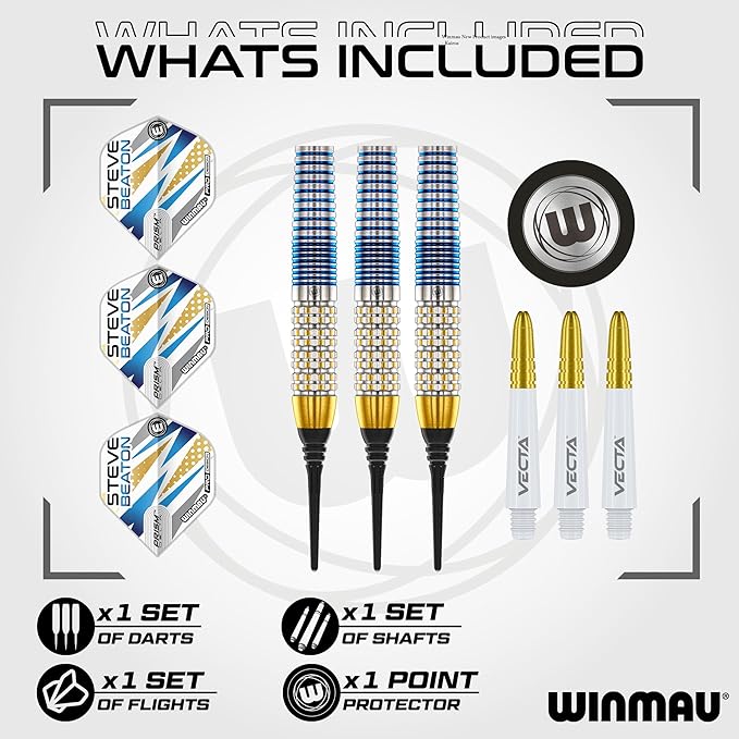 WINMAU Darts - Professional Player - Steve Beaton Legacy Edition 90% Tungsten Darts Set with Dart Flights and Dart Shafts (Stems) – Available in Soft and Steel Tip - Available weights 18g, 22g and 24g