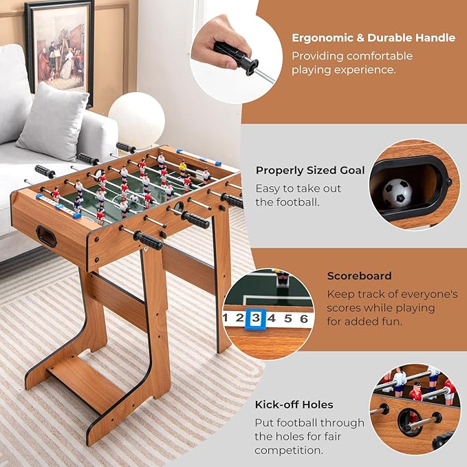 GYMAX Folding Foosball Table, 27” Freestanding Foosball Table with Balls for Family Gaming Room, Soccer Game Table for Adult Kids ASTM Certificated