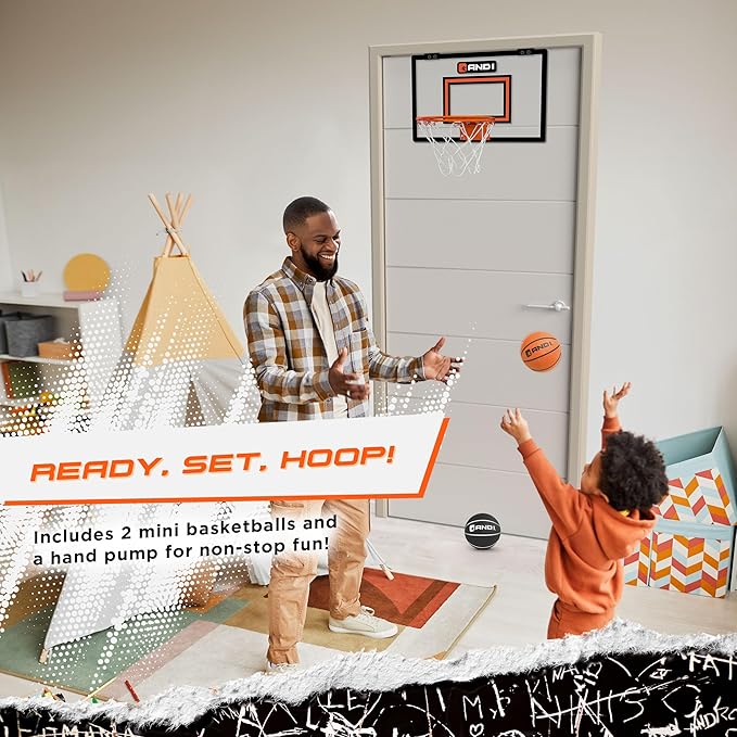 AND1 Over the Door Mini Basketball Hoop: 18x12 Shatterproof Backboard, 2 Mini Basketballs, and Hand Pump Included- Ultimate Indoor Basketball Accessory for Kids and Adults, No Tools Required