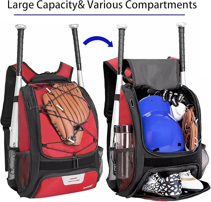 Baseball Bag Softball Backpack - Youth Adult T Ball Bat Equipment Bag with Bat Helmet Holders, Shoe Compartment