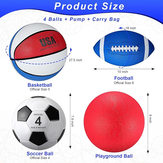 Deekin 4 Pcs Sport Balls Set for Kids Teens, Include Official Size 5 Basketball 4 Soccer 6 Football Playground Ball and Pump Sports Equipment Bag Recess Equipment Sport for Students(Bright Color)