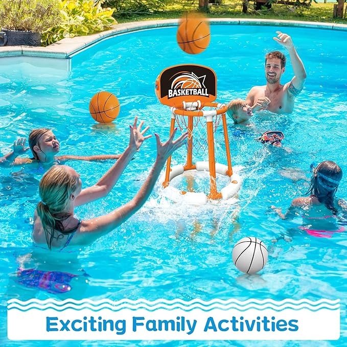 Pool Basketball Hoop with Backboard, Floating Basketball Hoop for Pool with 4 Balls & Pump, Pool Toys for Kids and Adults