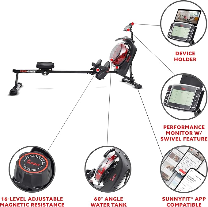 Sunny Health & Fitness Elite Water Rowing Machine with High Dynamic Resistance Vertical Tank, Low-Impact Full-Body Workout and Optional Free SunnyFit App Connectivity