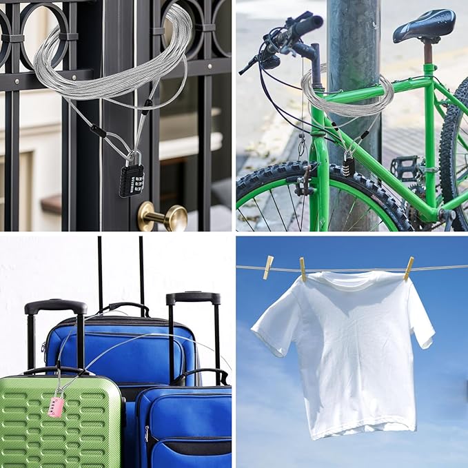 DELSWIN Security Steel Cable with Loops - 3mm (1/8 inch) Thick 15FT Heavy Duty Safety Wire Bike Lock Cable Vinyl Coated Braided Cable for Luggage,Ropes of Metal