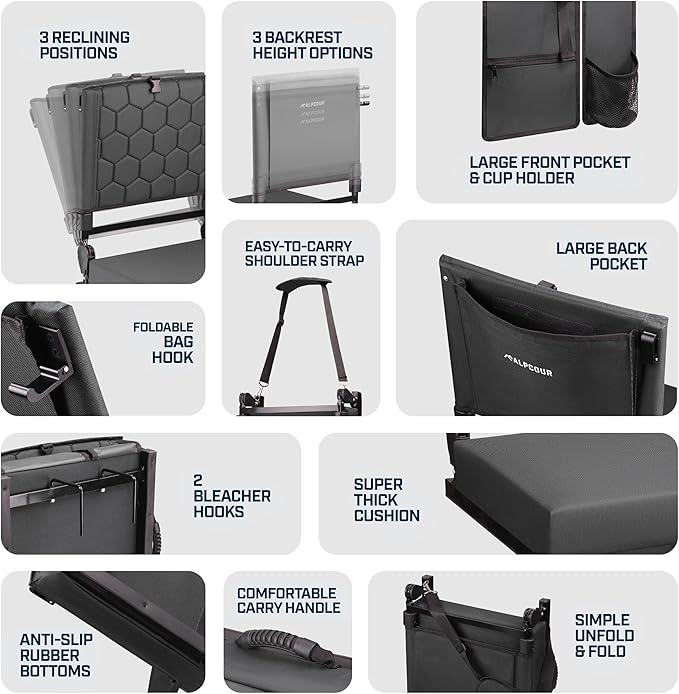 Extra Wide Folding Reclining Stadium Seat with Back Suppot for Bleachers, Bleacher Hooks, Thick Cushion, Cup Holder, Storage Pockets – Portable Chair for Kayak, Canoe, Paddle Board, Concerts, & Sports