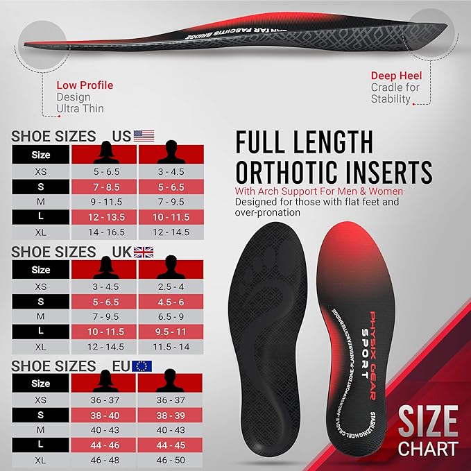 Physix Gear Orthotic Insoles for Men & Women - Arch Support Orthotics Insole, Orthopedic Insoles, Inserts for Men & Women, Foot Insoles for Plantar Fasciitis Comfort, Shoe Insert, Feet, Red/Black, S