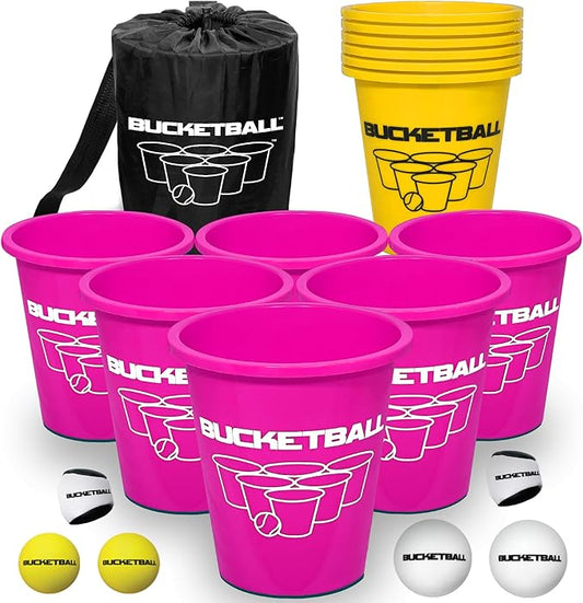 BucketBall | Team Color Edition | Combo Pack (Pink/Yellow): Original Yard Pong Game: Best Camping, Beach, Lawn, Outdoor, Family, Adult, Tailgate, Jumbo, Giant Game