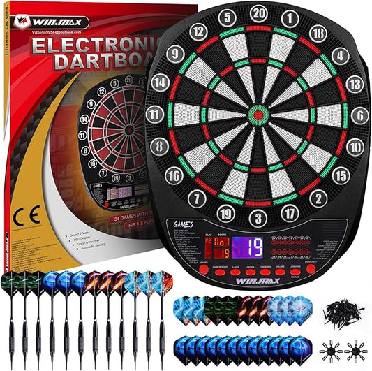 WIN.MAX Electronic Dart Board Soft Tip Dartboard Set LED Displays 3 Languages with 12 Darts 100 Tips Power Adapter