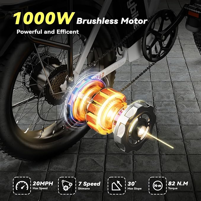 Foldable Electric Bike for Adults, 30+MPH, 48V 20Ah Removable Battery up to 80Miles, 20" Fat Tire Peak 1000W Motor Dirt Ebike Adult Electric Bicycle for City Commute Beach Mountain Adventurous E Bike