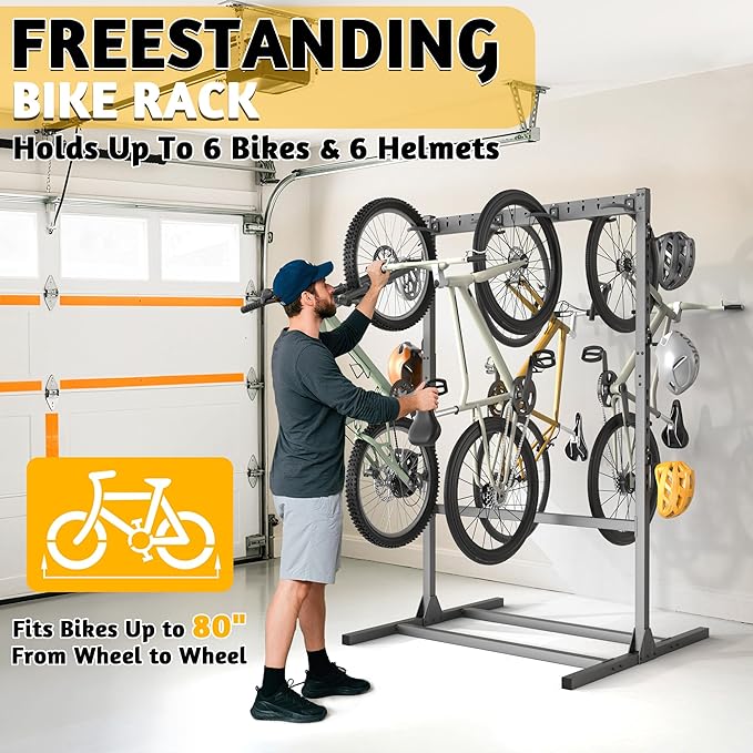 Ultrawall Freestanding Bike Stand, Vertical Bike Storage Stand Rack for Garage, Indoor Bicycle Organizer with Adjustable Hooks, Holds Up to 6 Bikes & 6 Helmets