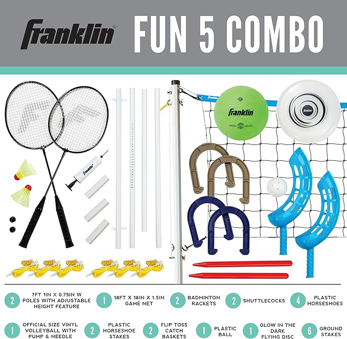 Franklin Sports Fun 5 Combo Outdoor Game Set - Backyard, Beach + Camping Games for Kids - Badminton, Volleyball, Flip Toss, Flying Disc - Horseshoes or Ring Toss