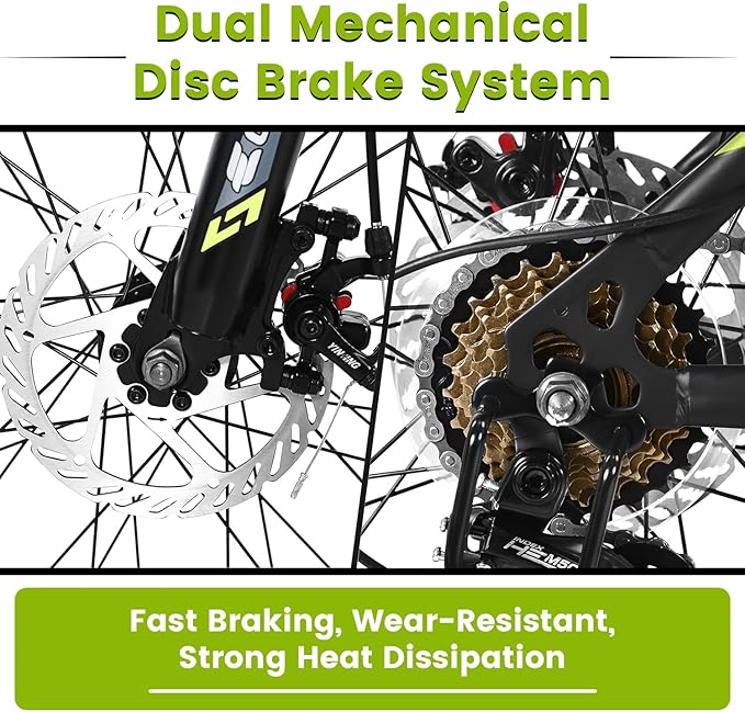 24/26 Inch Mountain Bike, 21 Speed Mountain Bicycle with High Carbon Steel Frame, Dual Disc Brakes and Front Suspension, MTB Bike for Adult Teenagers Boys Girls