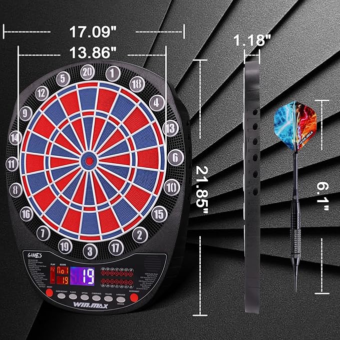 WIN.MAX Electronic Dart Board Soft Tip Dartboard Set LED Displays 3 Languages with 12 Darts 100 Tips Power Adapter