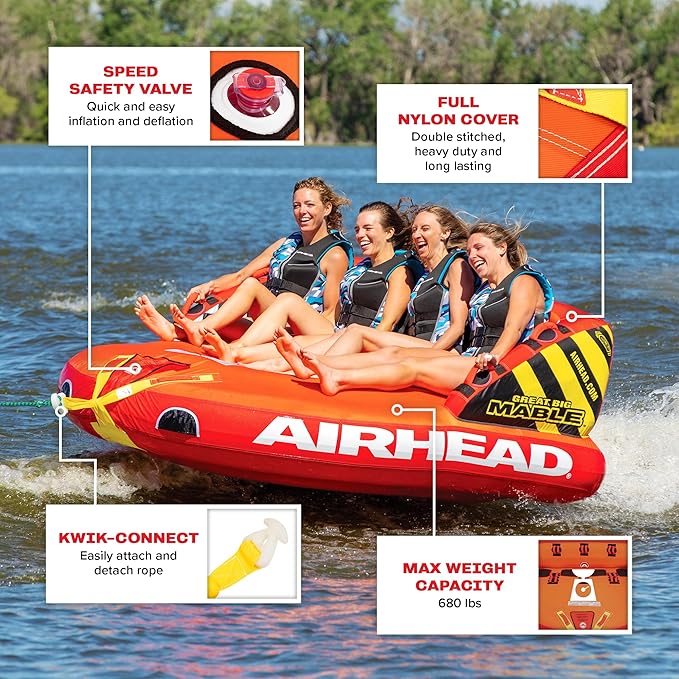 Airhead Mable Inflatable Towable Tube, 1-4 Rider Models, Dual Tow Points, Full Nylon Cover, EVA Foam Pads, Patented Speed Valve, Boat Tubes and Towables