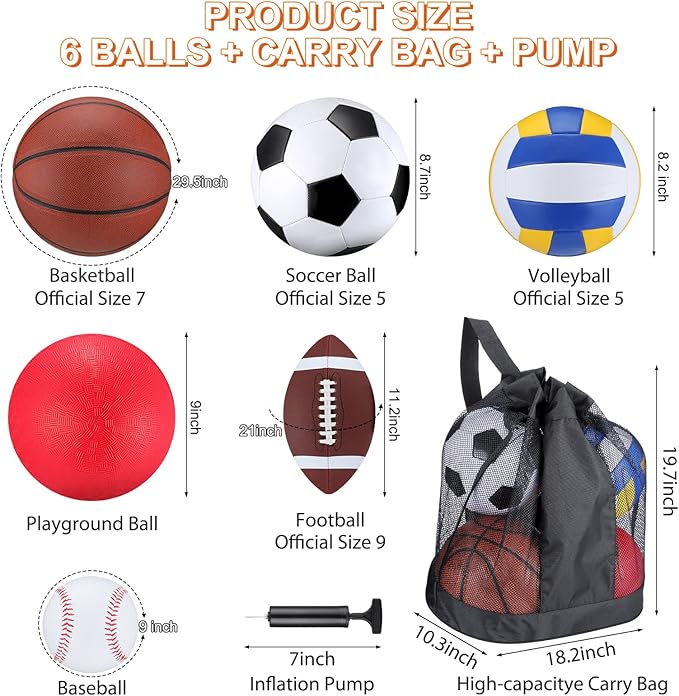 Libima 6 Pcs Multi Sport Ball Set Official Size Football, Basketball, Soccer, Volleyball, Playground Ball, Baseball with Sports Equipment Bag Pump for Teen Adult Back to School