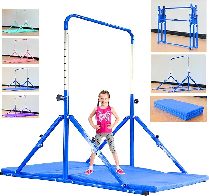 MARFULA Foldable Gymnastic Bar for Kids Ages 3-12, 9 Height Levels, 200 lbs Weight Capacity, 5 Ft Length Gymnastic Kip Bar with Mat, Gymnastic Equipment for Home and Gym Center Indoor Outdoor Use