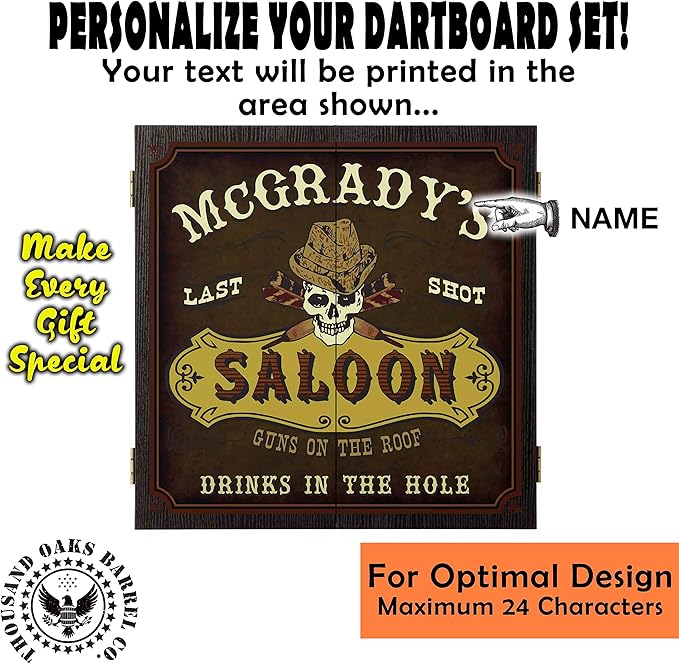THOUSAND OAKS BARREL CO. | Personalized Dartboard & Cabinet Set with 6 Steel Tip Darts