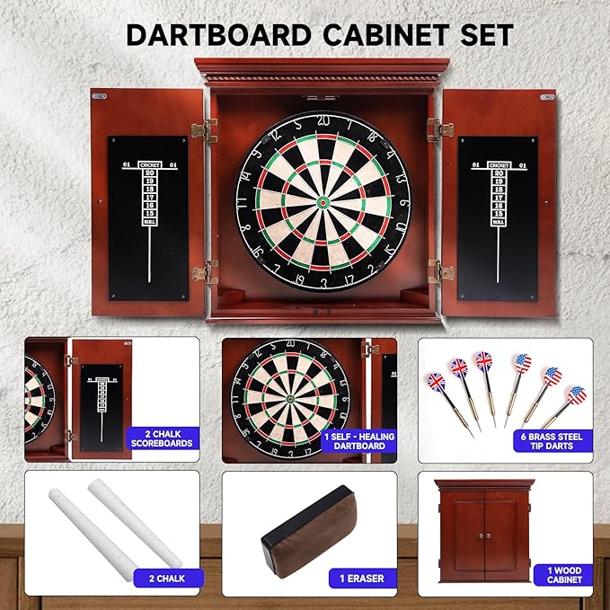 GSE Games & Sports Expert Professional Solid Wood Classic Dartboard Cabinet with Sisal/Bristle Dartboard, Scoreboard, and 6 Steel Tip Darts, Easy Assembly Complete with All Accessories (Premium Brown)