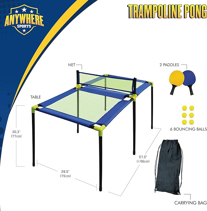 Nature Bound Anywhere Sports - Portable Trampoline Ping Pong Table Tennis Game for Indoor or Outdoor Use, Includes Two Paddles, Six Balls, Storage Bag, and Compact Size for Kids