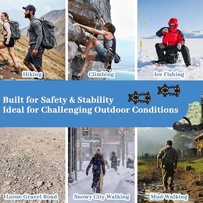 Ice Cleats for Shoes and Boots, Silicone Stainless Steel Snow Spikes for Shoes, Crampons Spikes for Ice Fishing Gear, Winter Climbing & Hiking Supplies