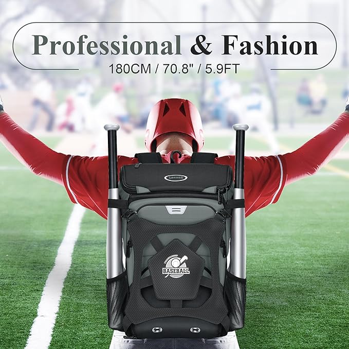 Baseball Backpack for Adult and Youth, Large Capacity Lightweight Softball Bag With Shoe Compartment and Fence Hook for TBall Bat & Equipment, Waterproof for Helmet, Gloves