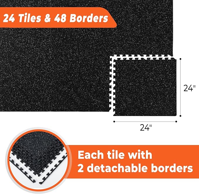 SUPERJARE 0.4'' Thick 24 Pcs 96 Sq Ft Rubber Top Exercise Equipment Mats, High Density EVA Foam Mats with Rubber Top, Interlocking Gym Flooring for Home Gym, Protective Workout Mat, Black/Grey