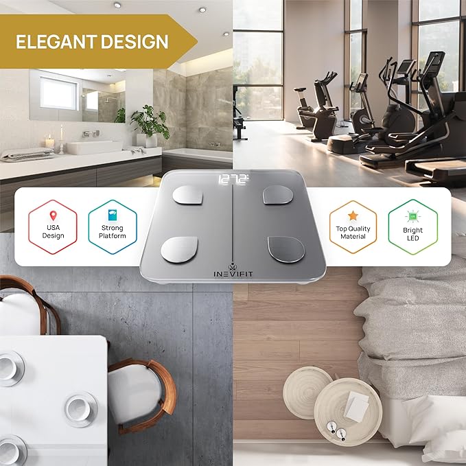 INEVIFIT Smart Body Fat Scale, BMI Highly Accurate Bluetooth Digital Bathroom Body Composition Analyzer. Measures Body Fat, Water, Muscle, Bone Mass & More for Unlimited Users