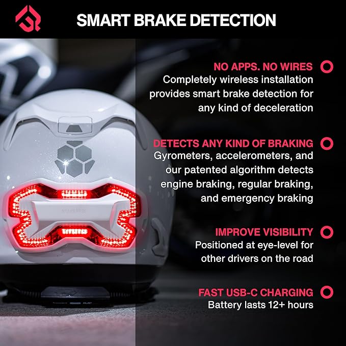 Brake Free Helmet Light - Smart Wireless Motorcycle Lights- Weatherproof LED Motorcycle Helmet Light - Lightweight & Aerodynamic Design - Smart Brake Detection - Single Button Operation - White
