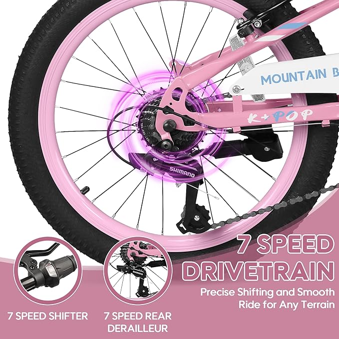 20 24 Inch Kids Bike, 7-Speed Girls Boy Mountain Bike, Front Suspension Fork Kids' Bicycles Girls Boys Bikes Ages 8-12, Front and Rear V Brakes