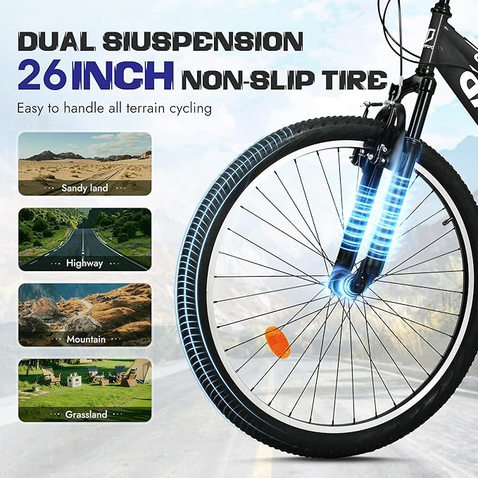 Outroad 26 Inch Mountain Bike, 7-Speed/High-Carbon Steel/Aviation Grade Frame with V Brake, Adjustable Ergonomic Seat Bicycle for Men Women Adult, MTB with Shock Absorption System
