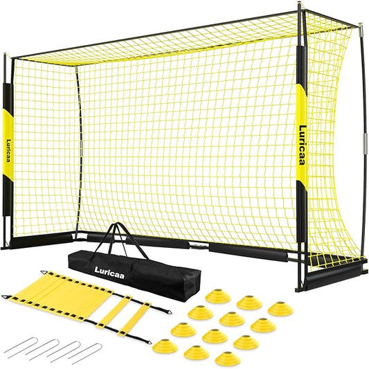 Collapsible Soccer Goal, 12×6 ft /6×4 ft Portable Soccer Goal Net for Backyard, Quick Setup Soccer Goals with 1 Carry Bag, 1 Agility Ladder, 4 Ground Nails,12 Training Cones