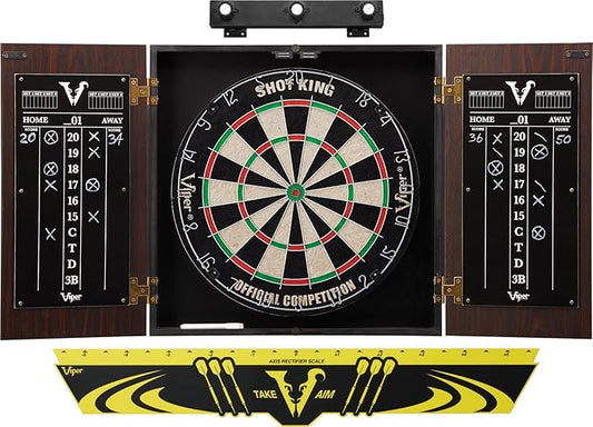 Viper Stadium Cabinet & Shot King Sisal/Bristle Dartboard Ready-to-Play Bundle with Two Sets of Steel-Tip Darts, Throw Line, and Dry Erase Scoreboards, Walnut Finish