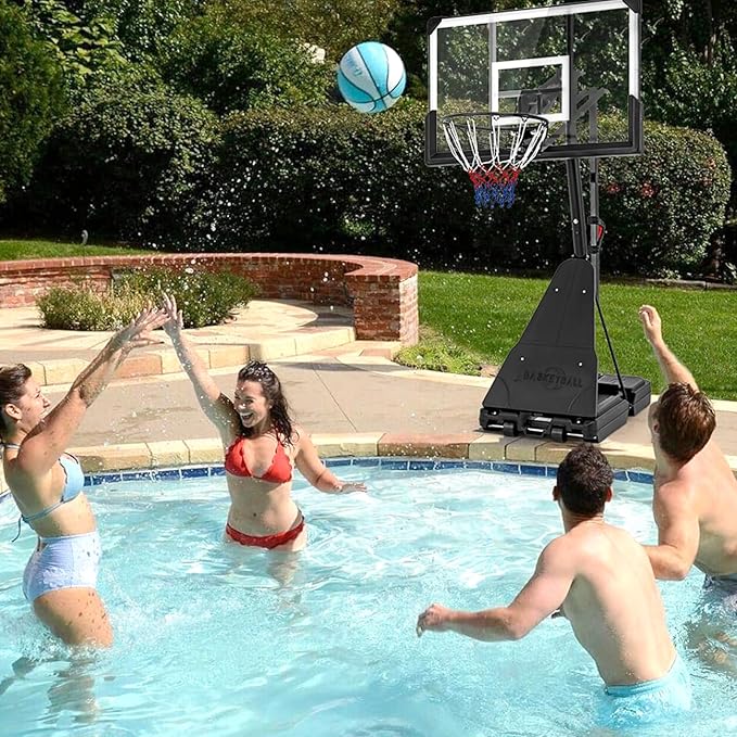 GYMAX Basketball Hoop, 4.9-10 FT Height Adjustable Basketball Goal with 44 Inch PC Backboard, Rebound Plate & Wheels for Kids Teens Adults, Portable Basketball Hoop for Indoor & Outdoor