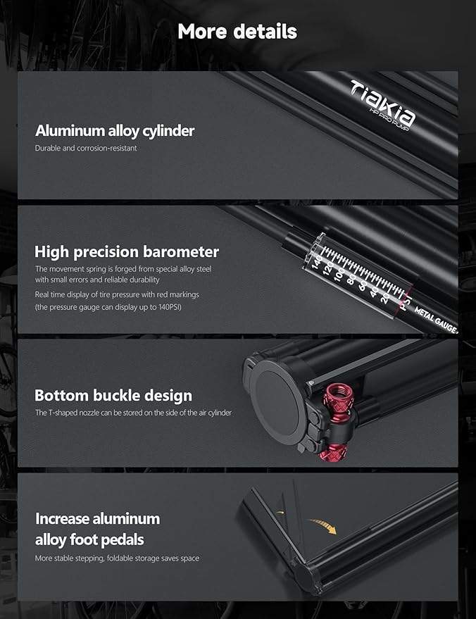 Tiakia Bike Pump with Gauge, High Pressure Bicycle Pump High Volume Portable Hand Air Pump Fit Presta, Schrader Valves Aluminum Bike Tire Pump for Mountain Road Bike, Strollers, Balls