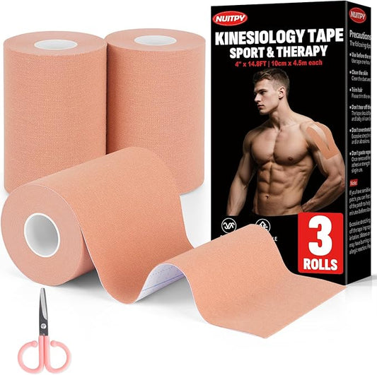 3 Rolls Kinesiology Tape, 4 inch x 14.8 Feet Waterproof Athletic Tape, Uncut Kinetic Tape, Elastic Muscle Tape, Sports Tape, Knee Tape for Exercise and Daily Use - Skin Color