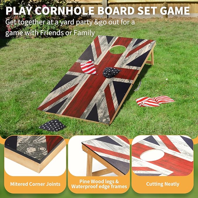 Cornhole Set, Corn Holes Outdoor Game, Regulation 2X4 Cornhole Boards, Portable Cornhole Set, Classic American Flag Cornhole Set Includes 2 Boards, 8 Cornhole Beans Bags & Carry Case
