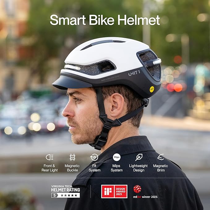 UNIT 1 Aura Hybrid Smart Bike Helmet | Urban & Road | MIPS | LED Front & Rear | Turn & Brake Light Compatible w/Remote | Crash Alert | E-Bike Fully Certified | Lightweight & Ventilated | App