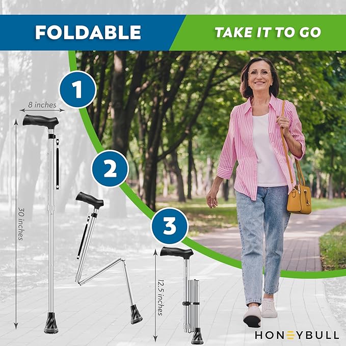 HONEYBULL Foldable Walking Cane for Seniors & Adults – Adjustable 8 Height Settings 30-37", Lightweight Collapsible Cane with Air Cushion Tip, Ergonomic Comfort Grip & Wrist Strap