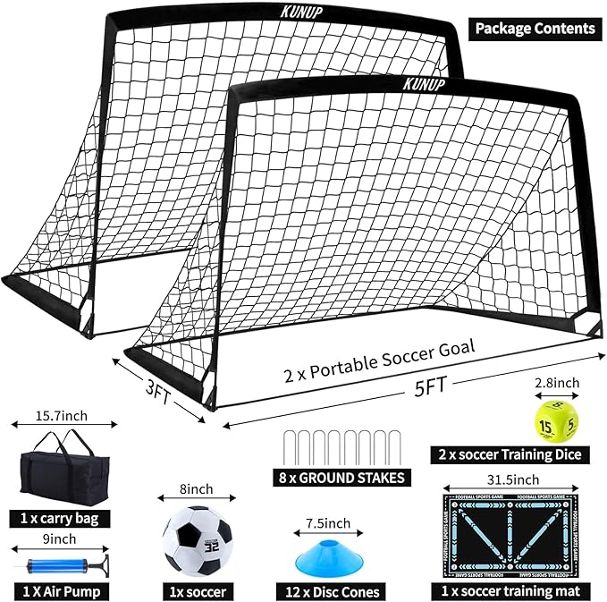 2 Pack Kids Soccer Goal for Backyard Set 5x3FT Portable Pop Up Soccer Net Training Equipment with Soccer Ball, Training Dice Mat, Cones and Carry Bag for Youth Toddler Teams Indoor Outdoor Sport Game