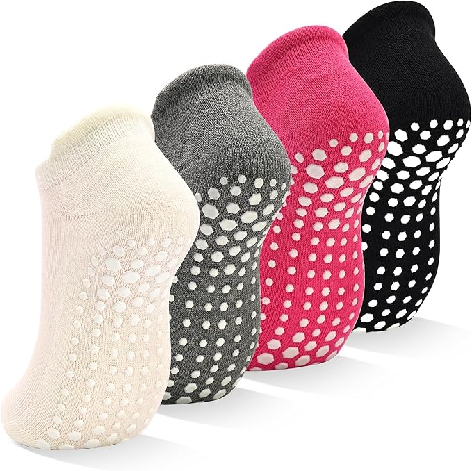 SkiBeaut Grips Non Slip Socks for Women, 4 Pairs Yoga Pilates Anti Skid Woman Hospital Gripper Socks (5-12)